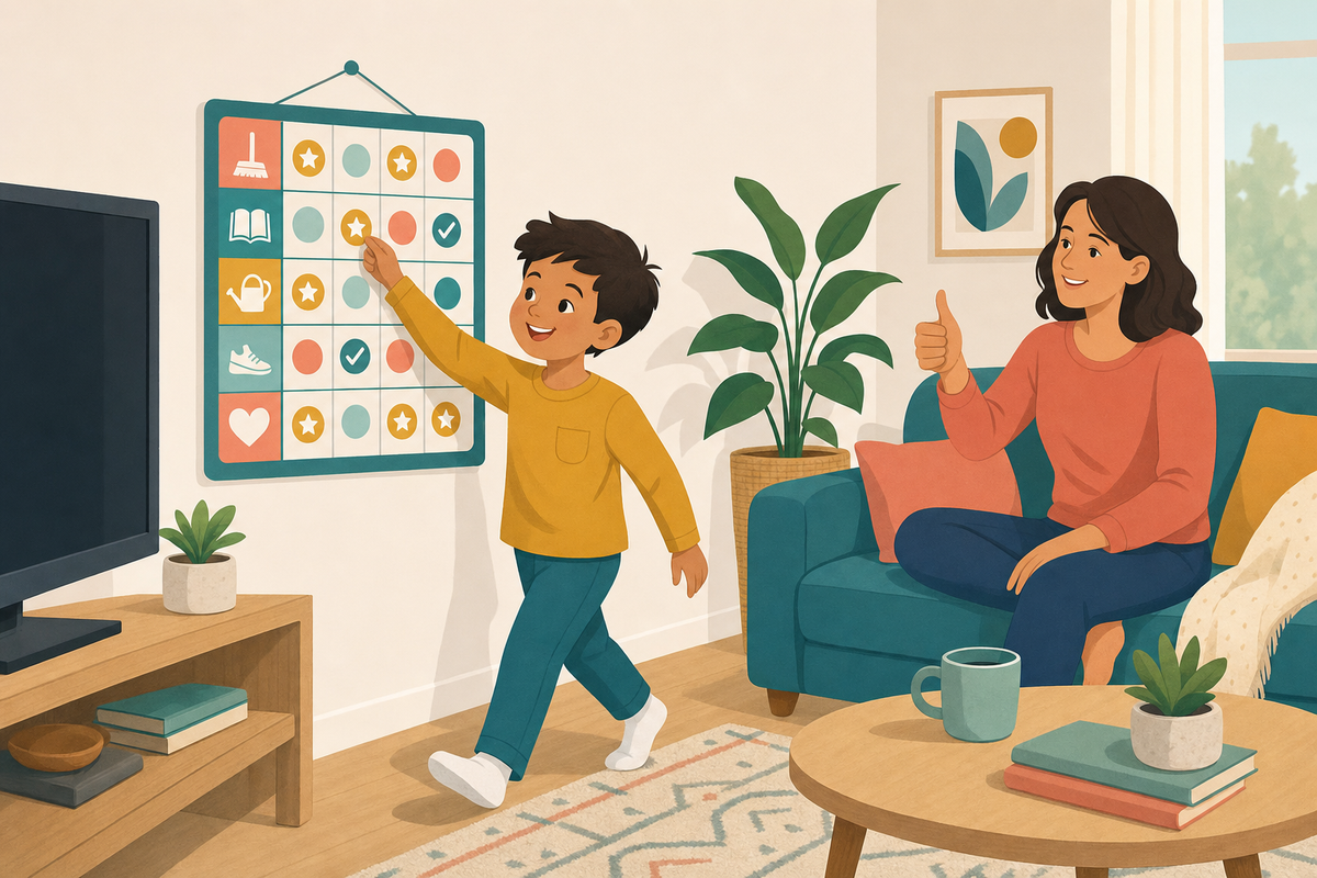Illustration of a child transitioning from screen time to a reward chart with parental support