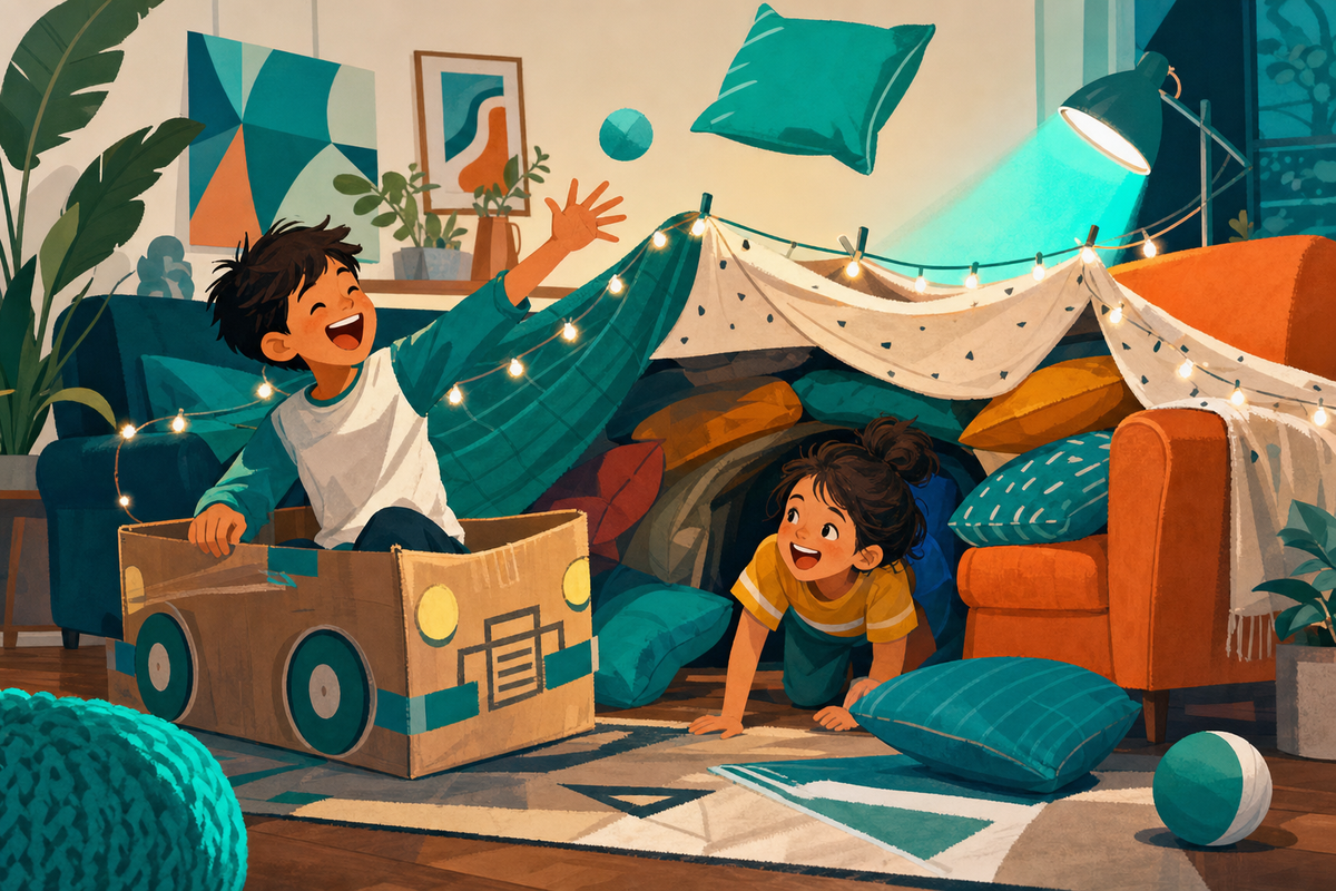 Flat illustration of two siblings playfully building a blanket fort and tossing a ball in a cozy living room, representing no-prep indoor activities for bored kids.