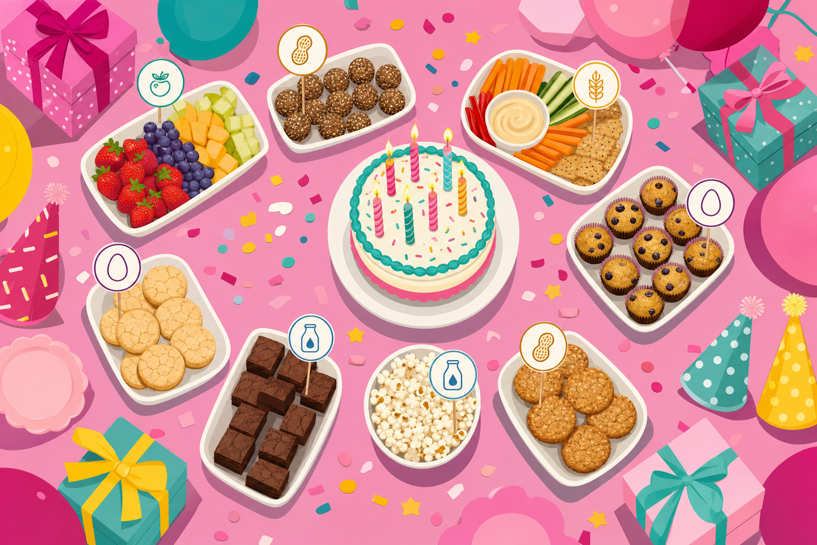 Flat illustration of a birthday party table with food trays marked by allergy icons like peanut, wheat, milk, and egg symbols, surrounded by balloons, confetti, and a birthday cake.
