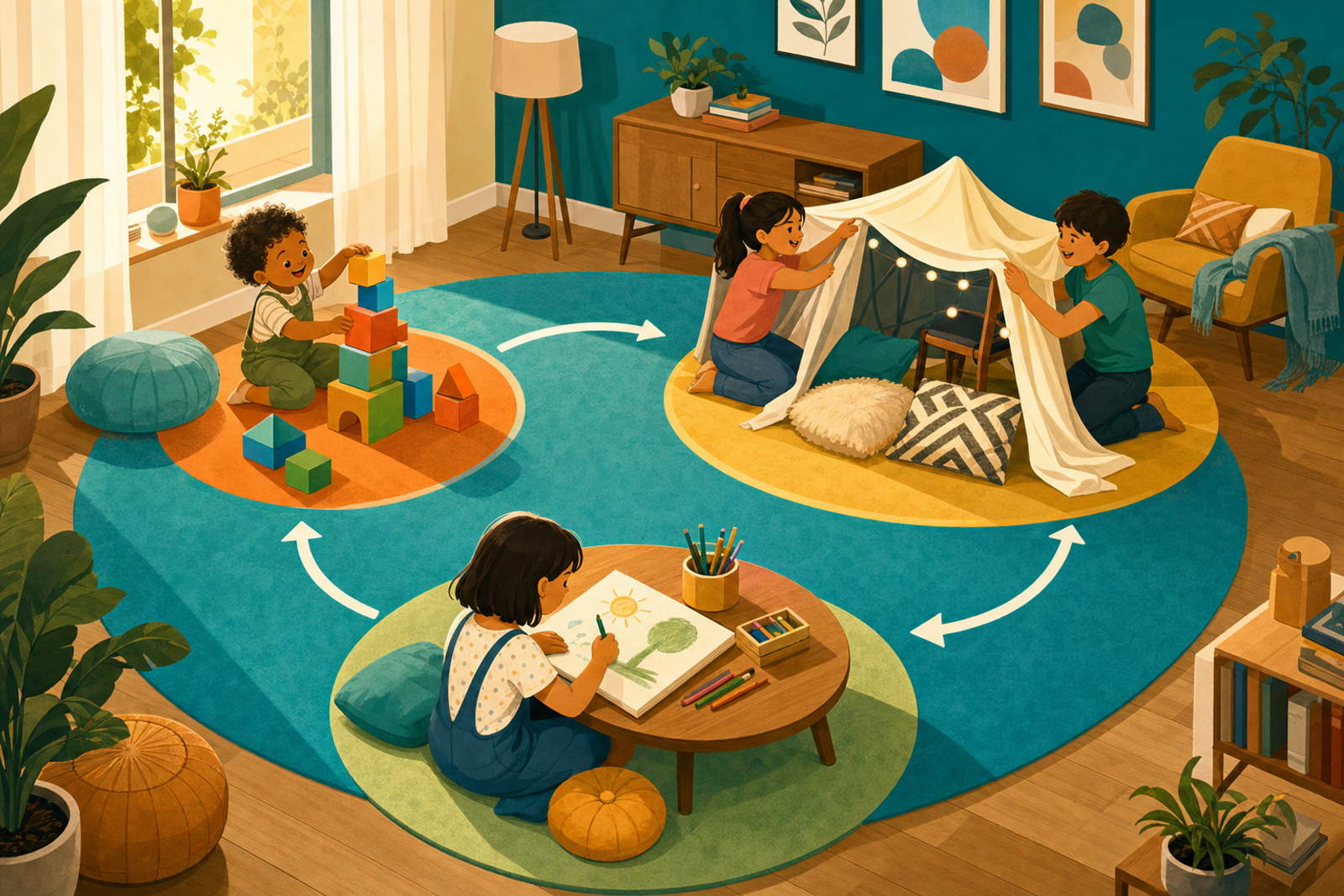Flat illustration of three kids of different ages happily engaged in separate indoor activity zones in a bright, teal-accented living room, representing a calm no-prep sibling activity rotation.