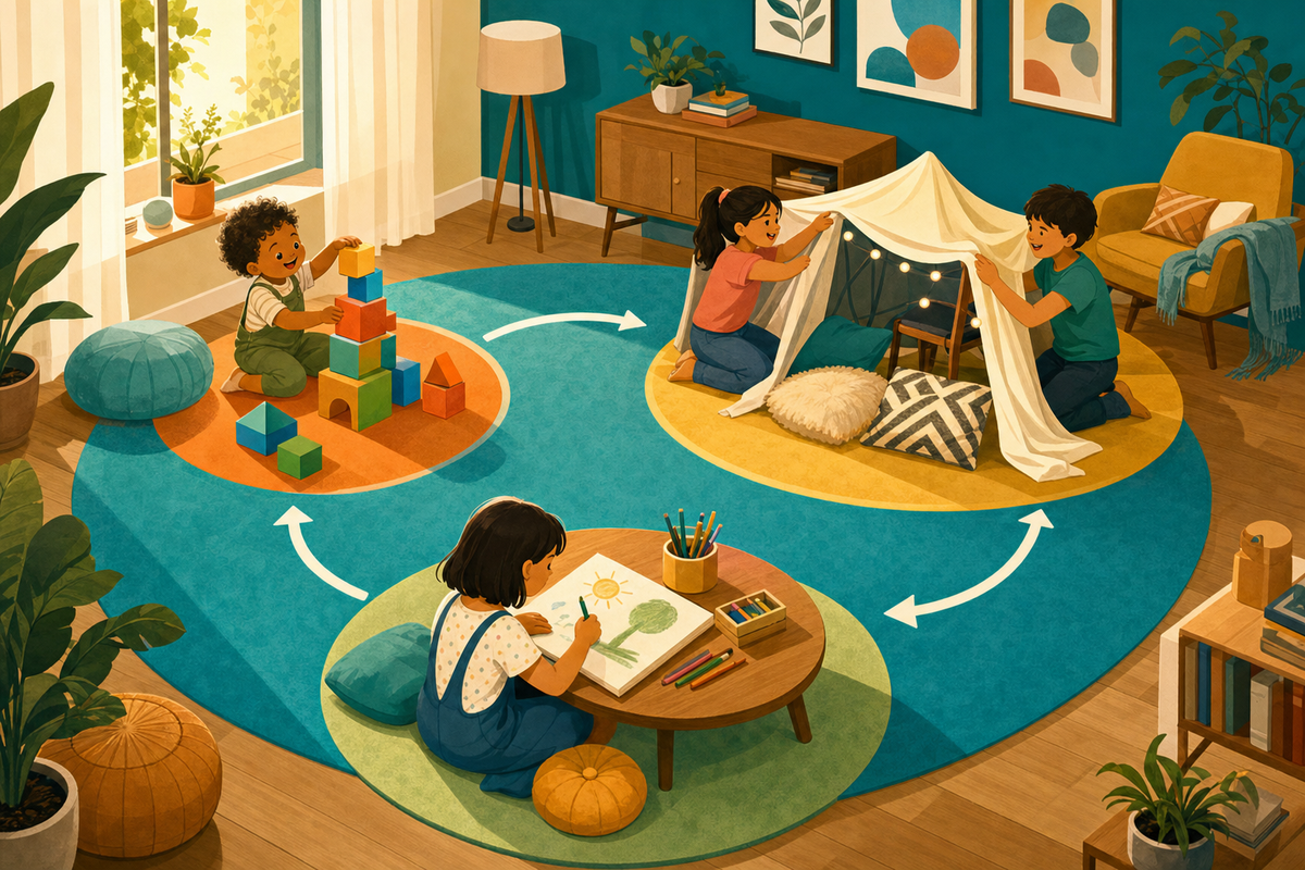 Flat illustration of three kids of different ages happily engaged in separate indoor activity zones in a bright, teal-accented living room, representing a calm no-prep sibling activity rotation.