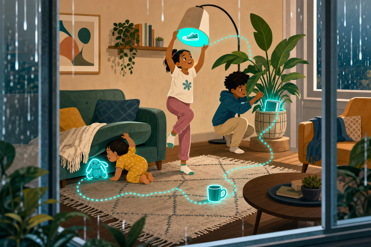 Flat illustration of siblings playing an indoor scavenger hunt in a cozy living room on a rainy day, searching under furniture and around household items highlighted in teal.