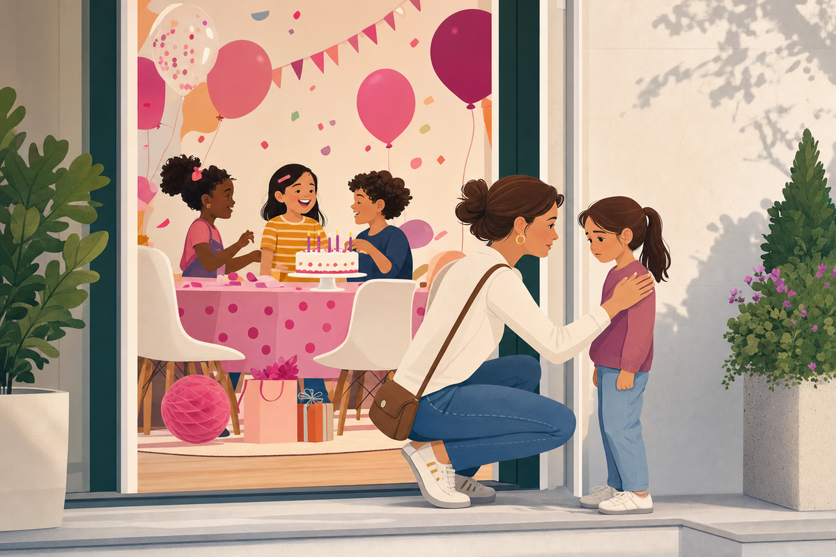 Flat illustration of a parent gently comforting a child outside a birthday party room where other kids celebrate inside.