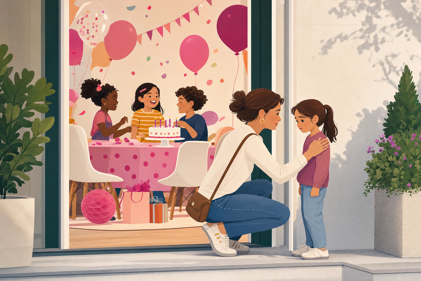 Flat illustration of a parent gently comforting a child outside a birthday party room where other kids celebrate inside.