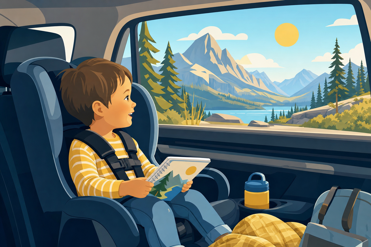 Child enjoying screen-free activities while looking at national park scenery from car window