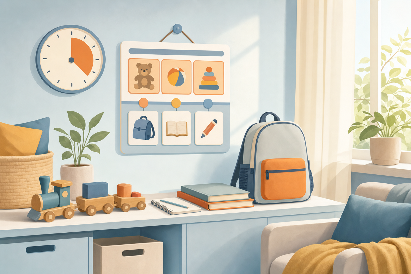 Peaceful home interior with visual routine chart and transition from playtime to homework materials