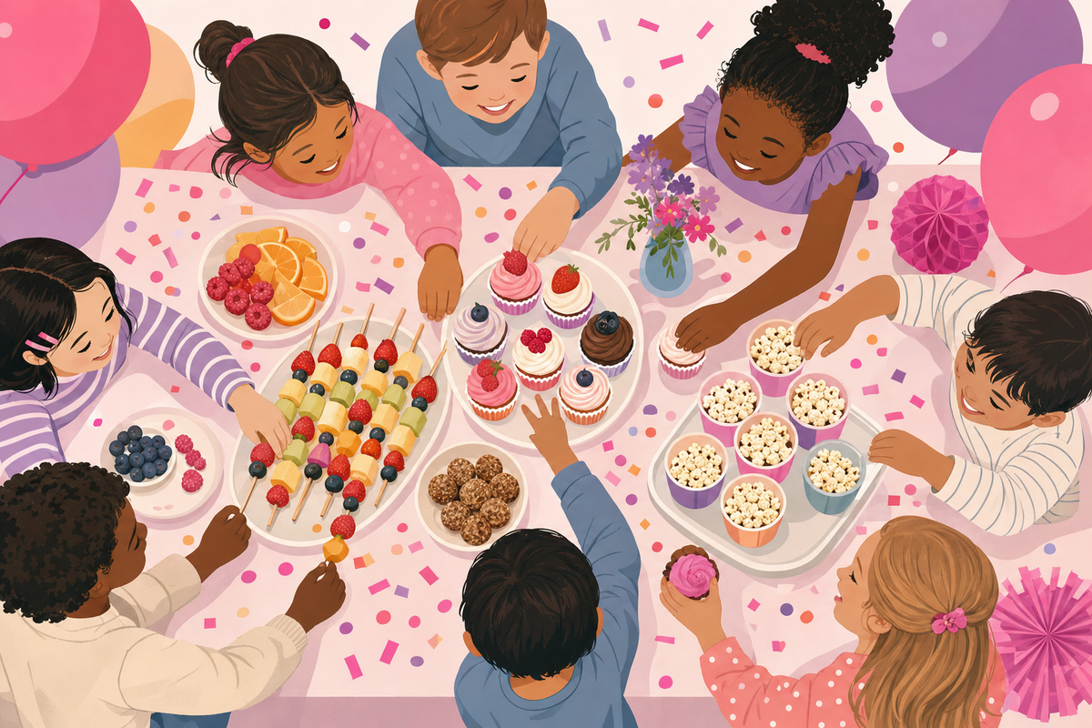 Overhead view of a colorful kids' birthday party table with allergy-friendly treats and children's hands reaching in to enjoy the celebration.