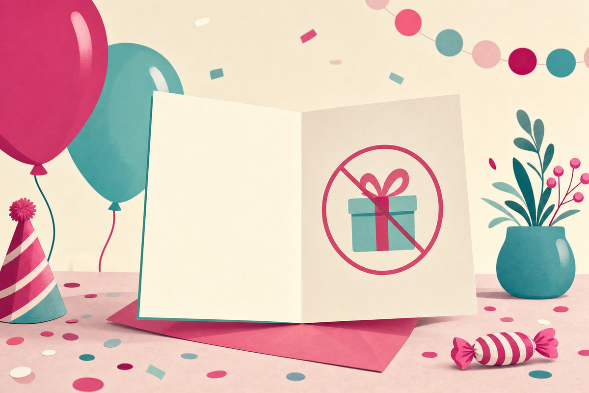 Flat illustration of a birthday invitation card with a gift icon gently crossed out, surrounded by balloons and confetti in a pink and teal palette.