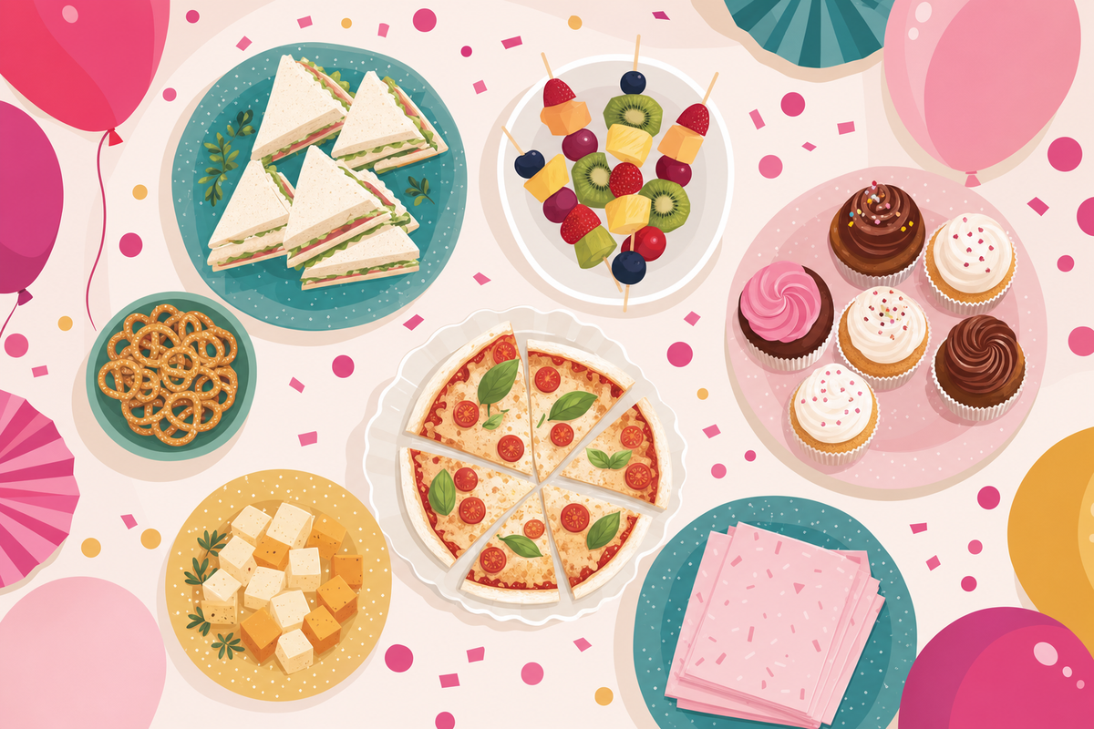 Flat illustration of a birthday party table with simple, kid-friendly foods like mini sandwiches, fruit skewers, and cupcakes, styled in a festive pink and magenta color palette.