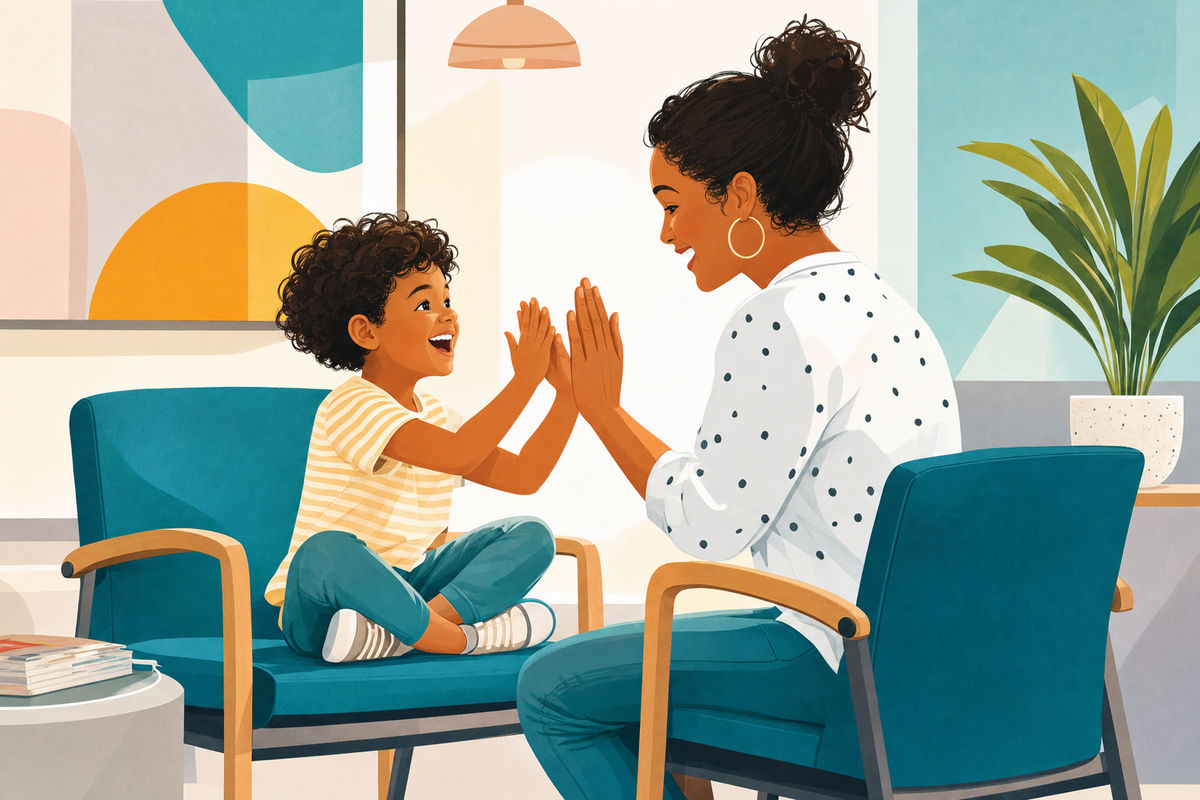 Illustration of a parent and young child playing interactive hand games together while sitting in a waiting room