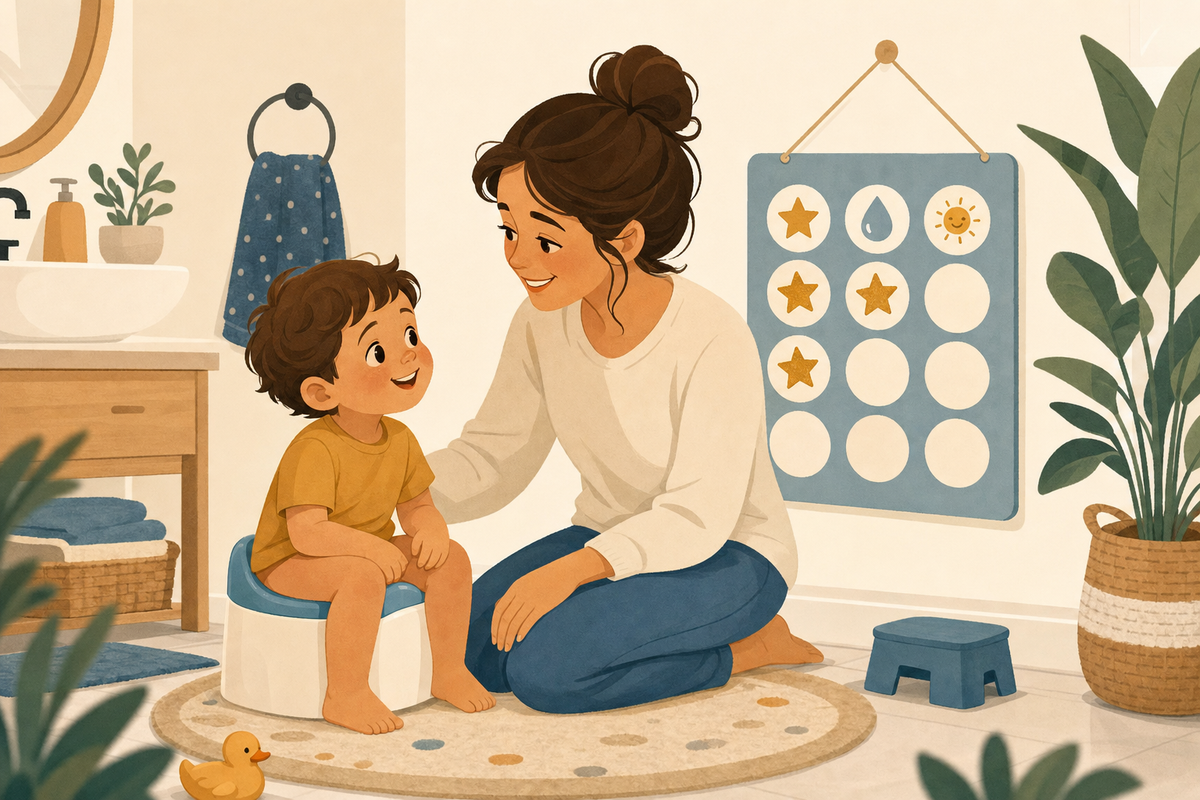 Illustration of a parent calmly supporting a child during potty training beside a gentle reward chart with star and sun icons, some filled in gold, representing a no-shame approach to small wins and setbacks.