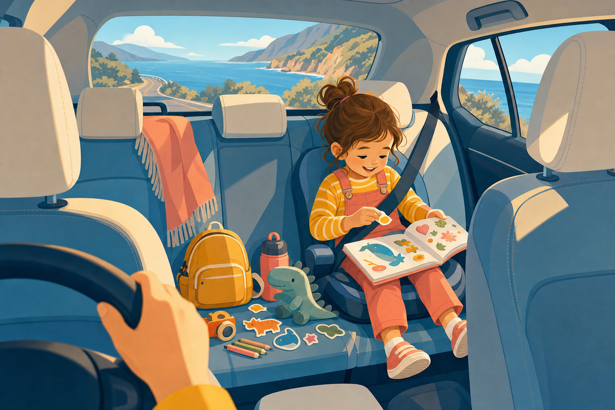 Illustration of a parent driving while their young child plays independently in the back seat with screen-free activities