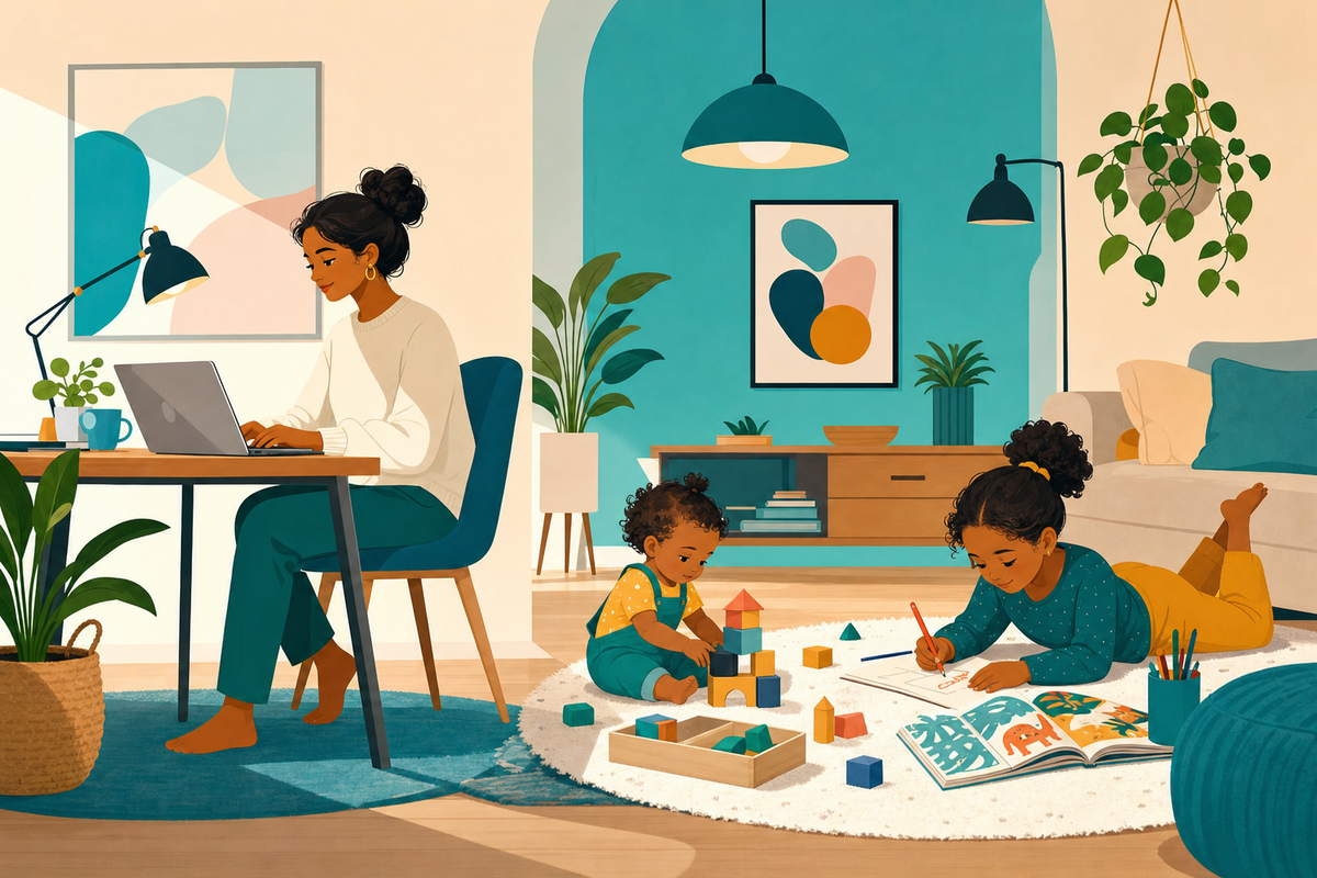 Flat illustration of a parent working on a laptop while two kids happily play quietly nearby with blocks, drawing, and books in a cozy home setting.