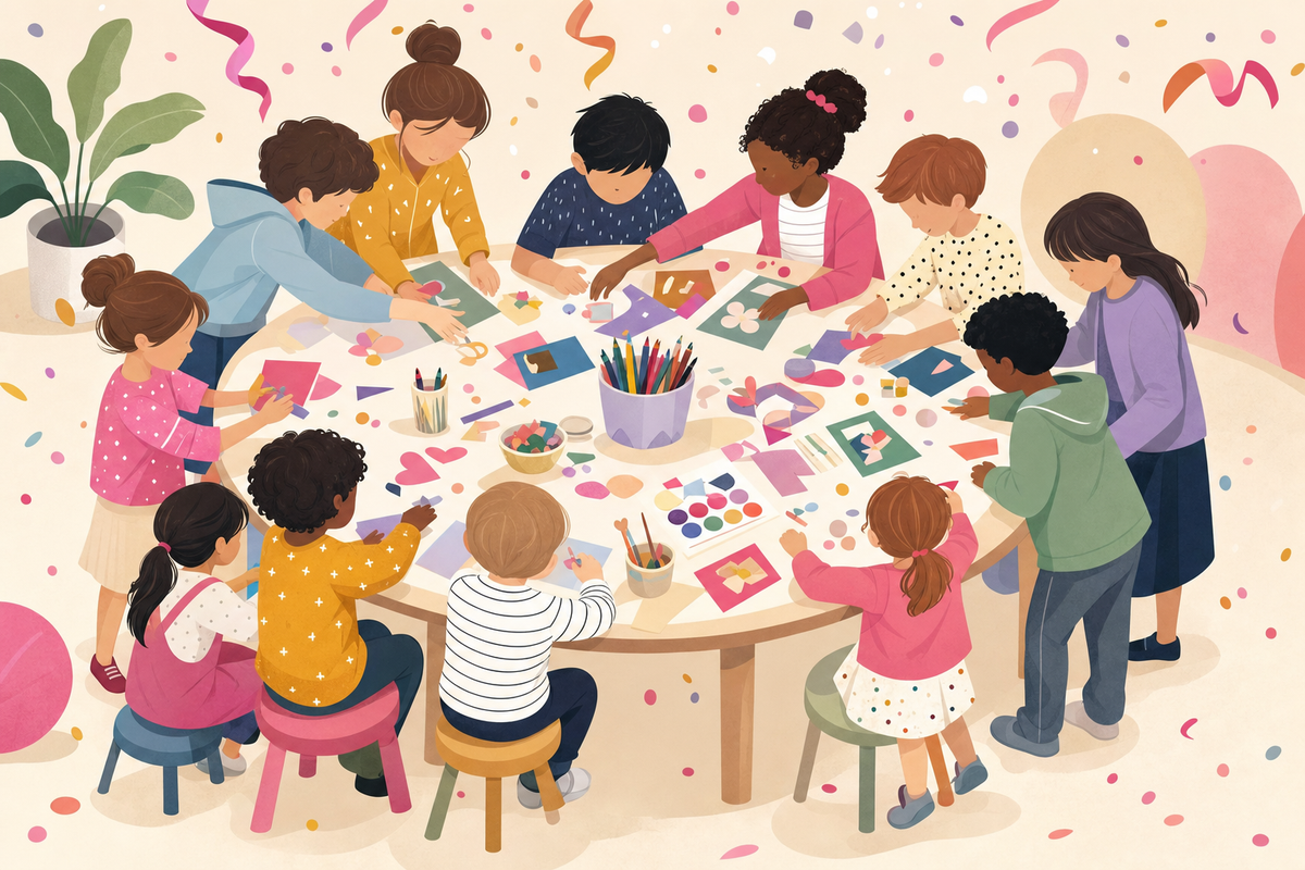Illustration of children of different ages gathered around a shared activity table at a birthday party