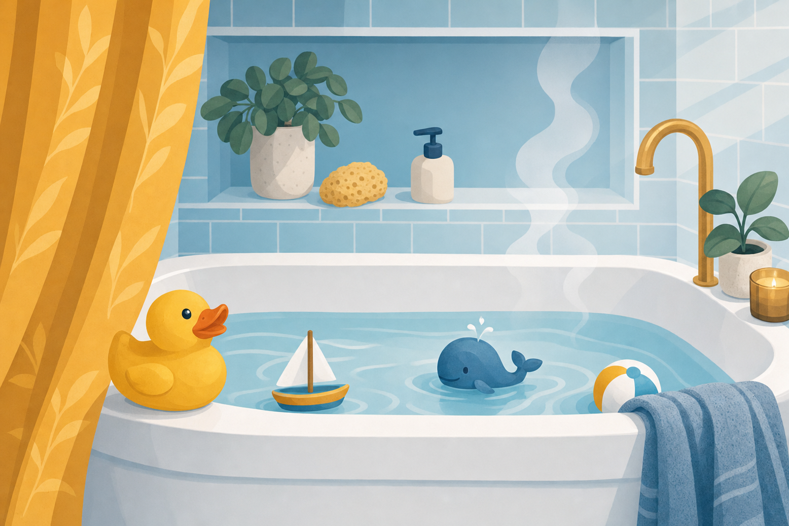 Cheerful bathroom illustration with rubber duck and bath toys in modern flat style