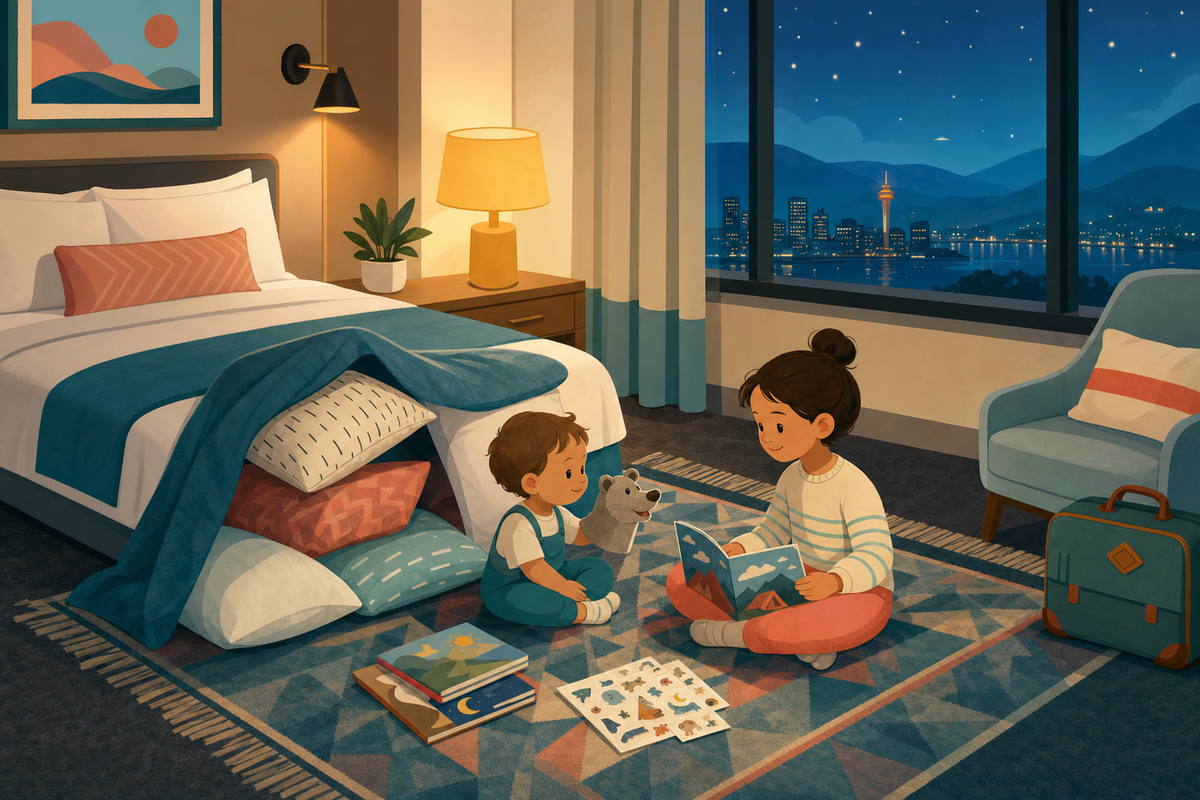 Flat illustration of two children playing quietly with books and a puppet in a cozy, screen-free hotel room at night.