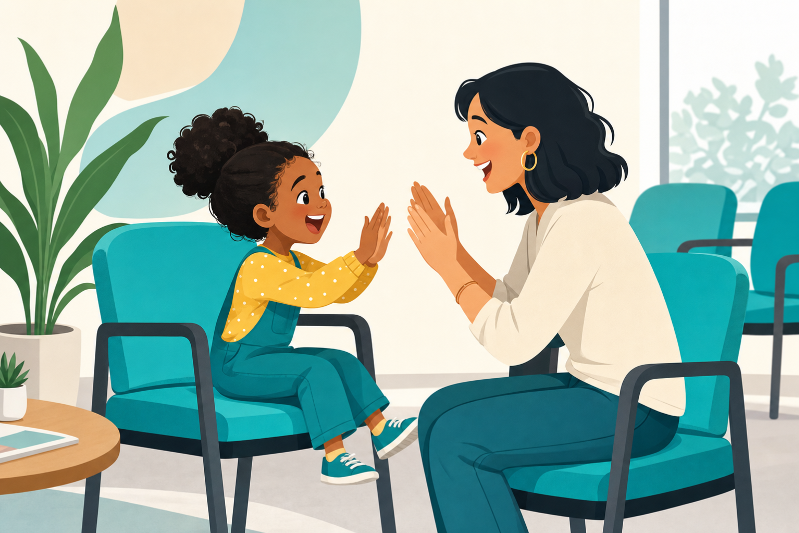 Illustration of a parent and young child playing an interactive hand game together while sitting in a waiting room