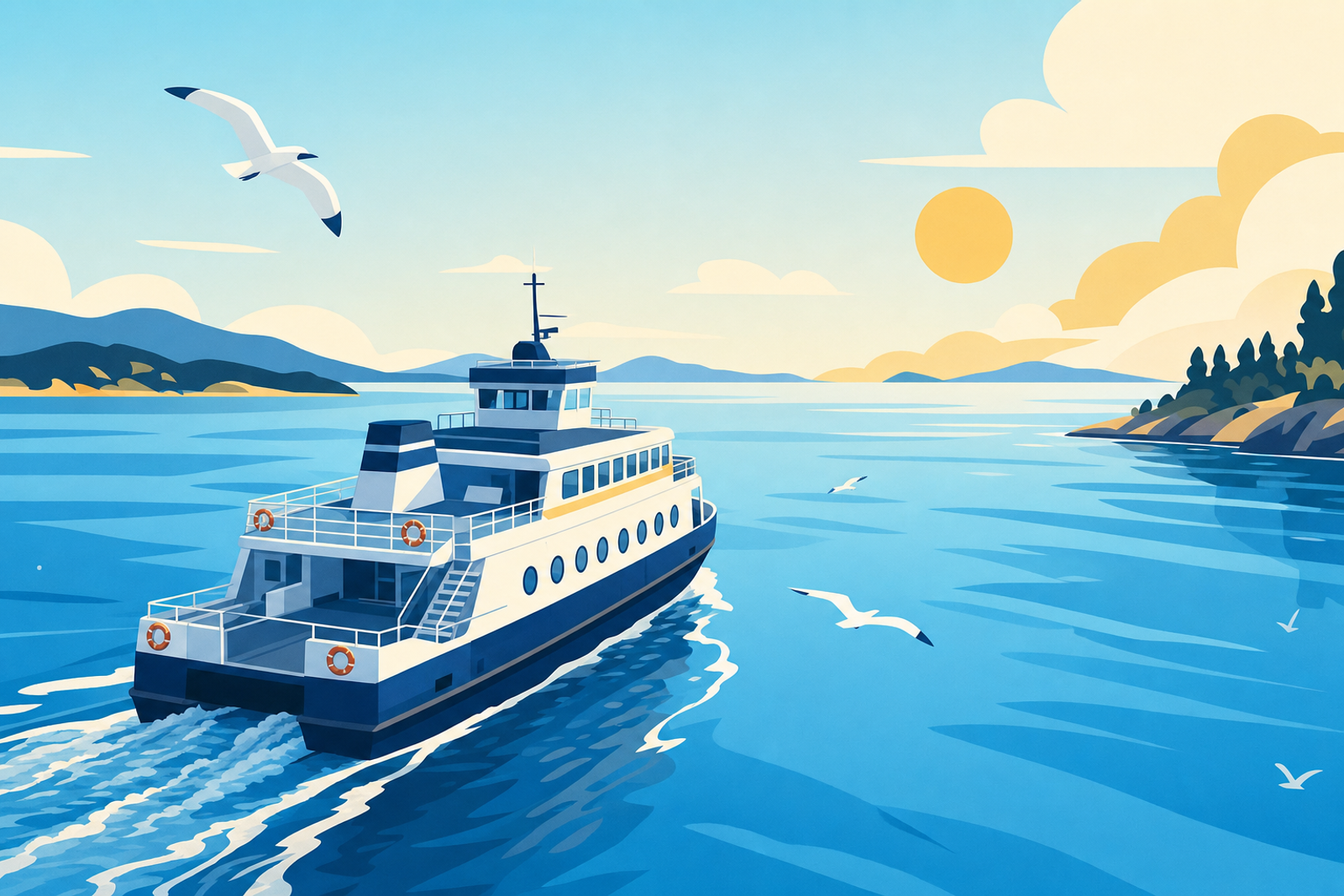 Illustration of a ferry boat on calm blue water with seagulls and sunshine, representing family ferry travel
