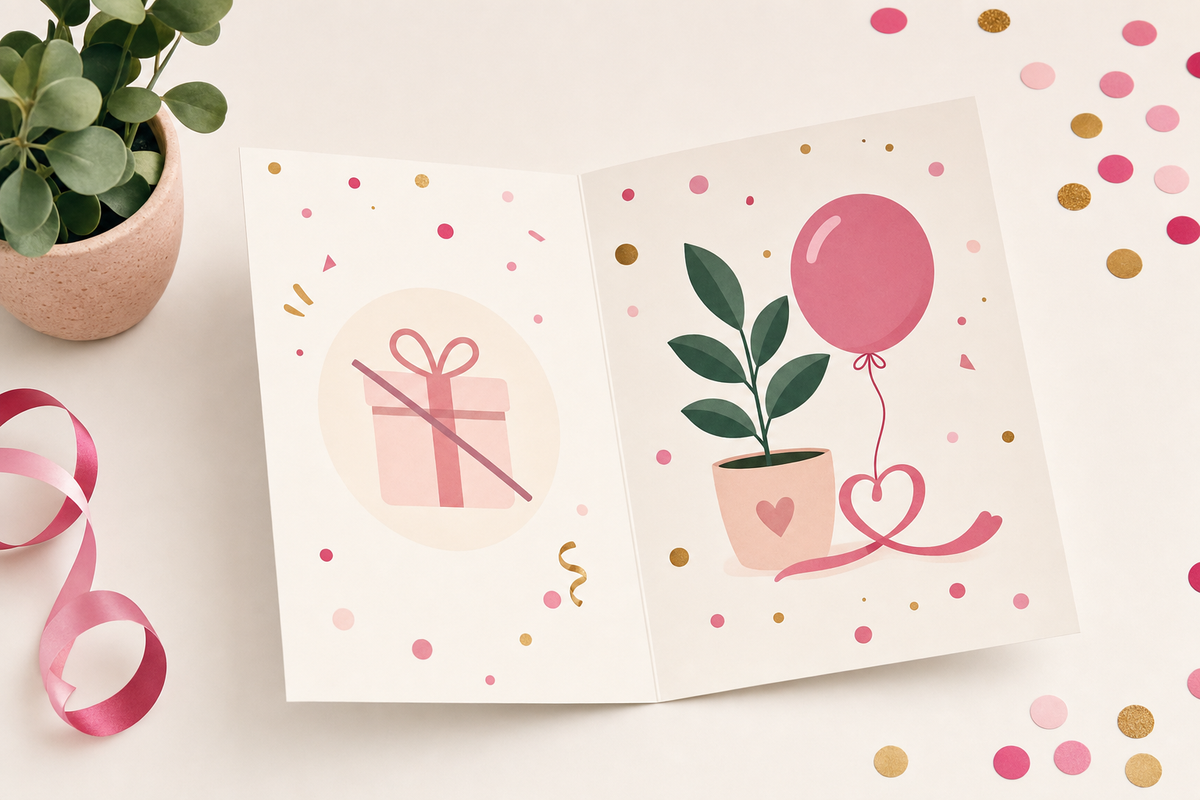 Flat illustration of a birthday invitation with a subtly crossed-out gift icon, surrounded by confetti, symbolizing a polite no-gifts request.