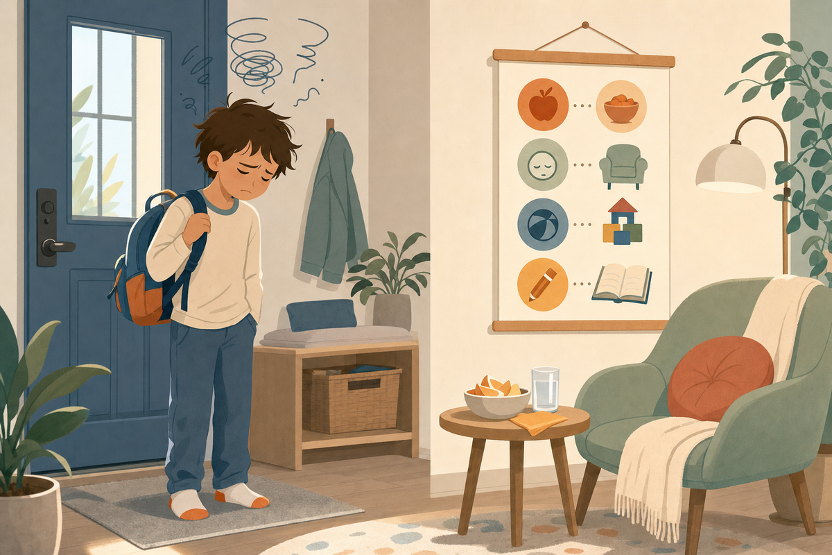 Flat illustration of a child arriving home from school looking overwhelmed, with a cozy entryway featuring a calming icon-based after-school routine chart and a snack station nearby.