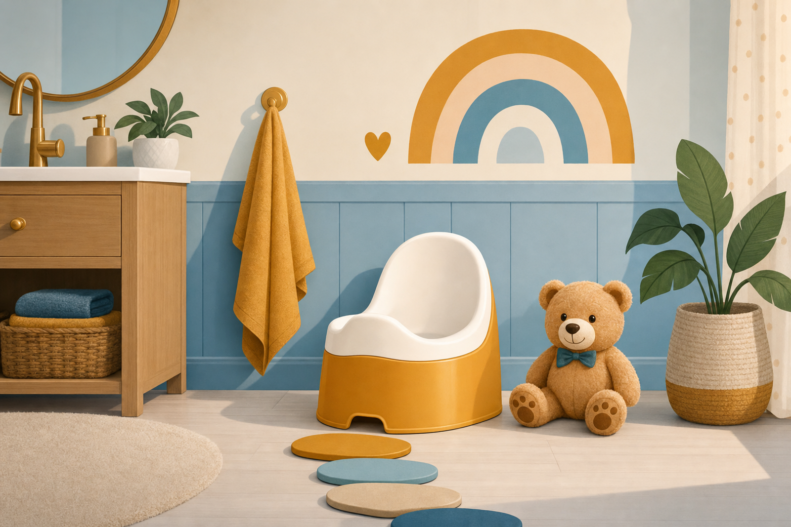 Illustration of a welcoming bathroom scene with a friendly potty chair, teddy bear companion, and cheerful decorative elements designed to help ease toddler toilet fears