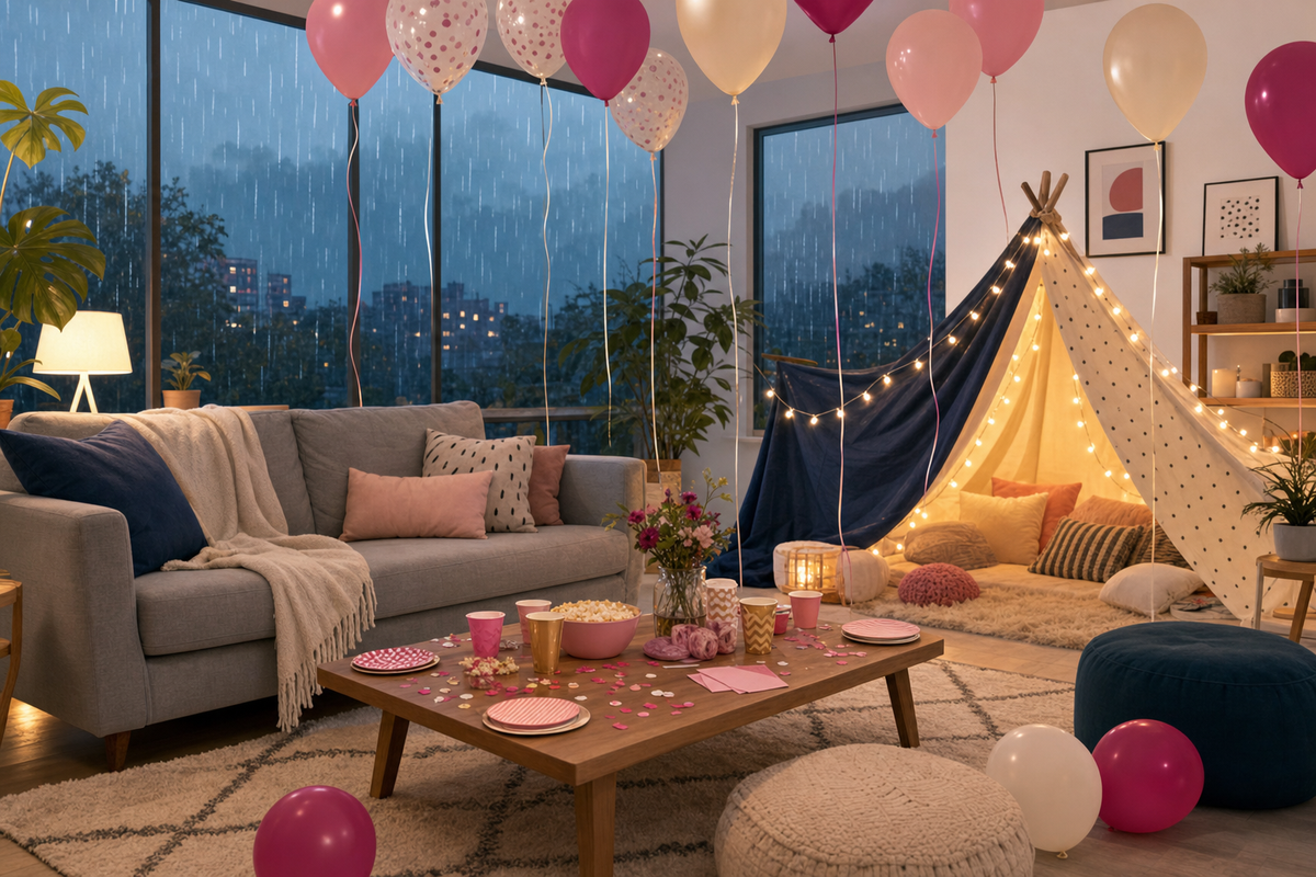 Illustration of a living room decorated for a children's birthday party with balloons and a blanket fort, while rain falls outside the windows