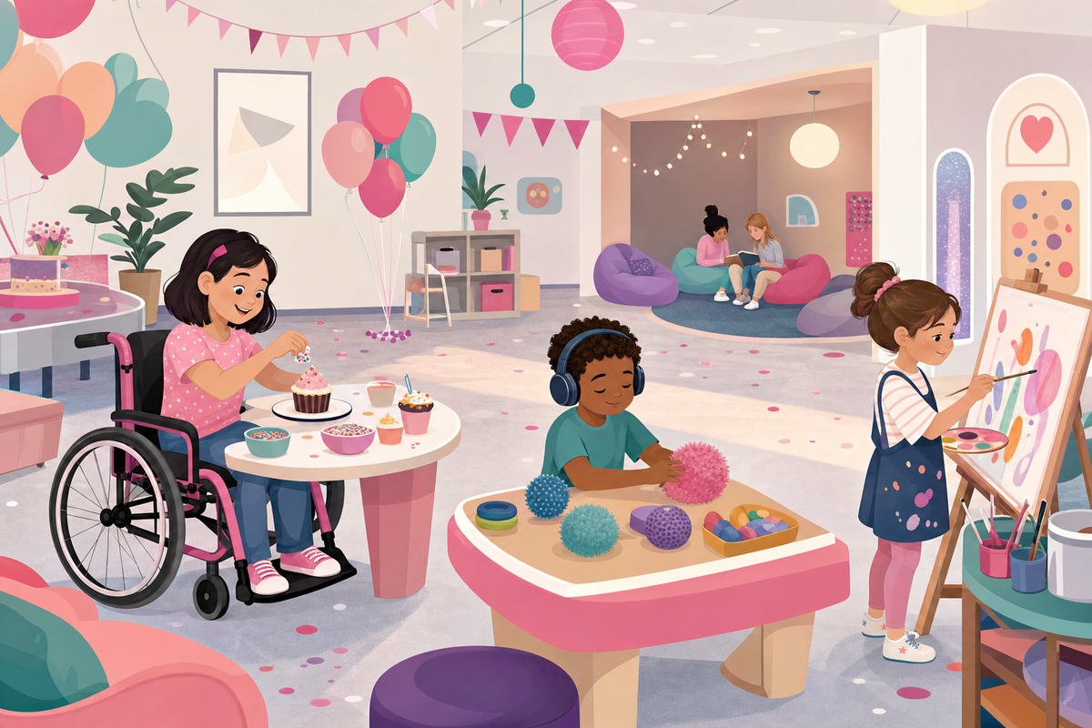 Inclusive birthday party illustration showing children with various abilities enjoying accessible activities in a sensory-friendly environment with adaptive features and calm, organized spaces