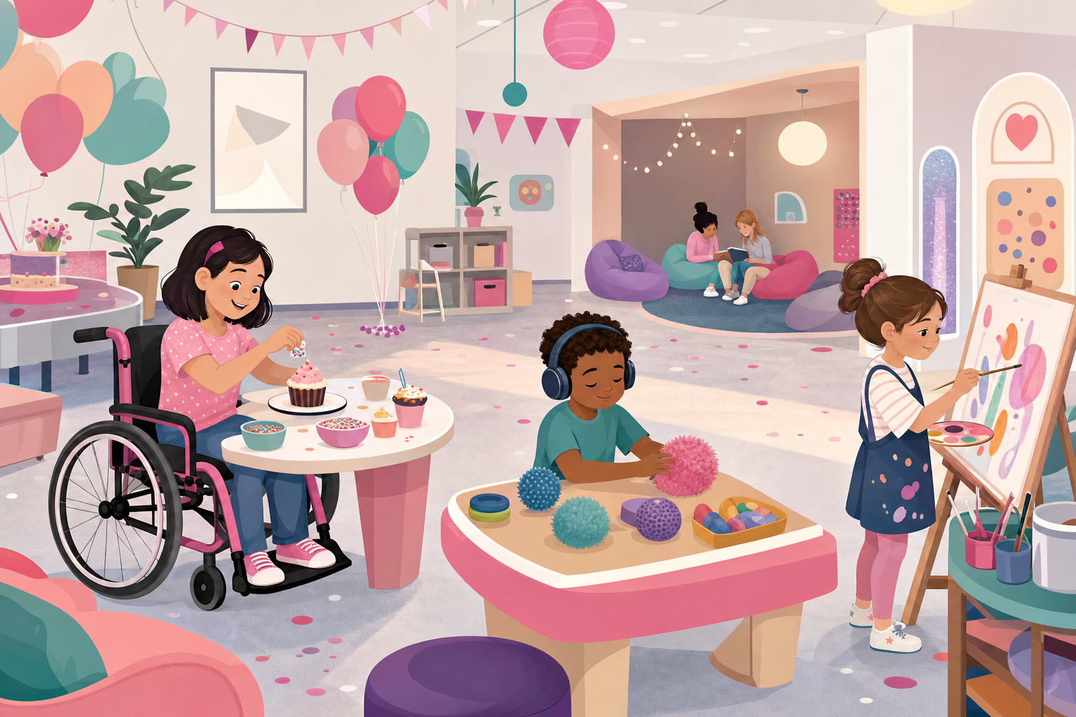 Inclusive birthday party illustration showing children with various abilities enjoying accessible activities in a sensory-friendly environment with adaptive features and calm, organized spaces