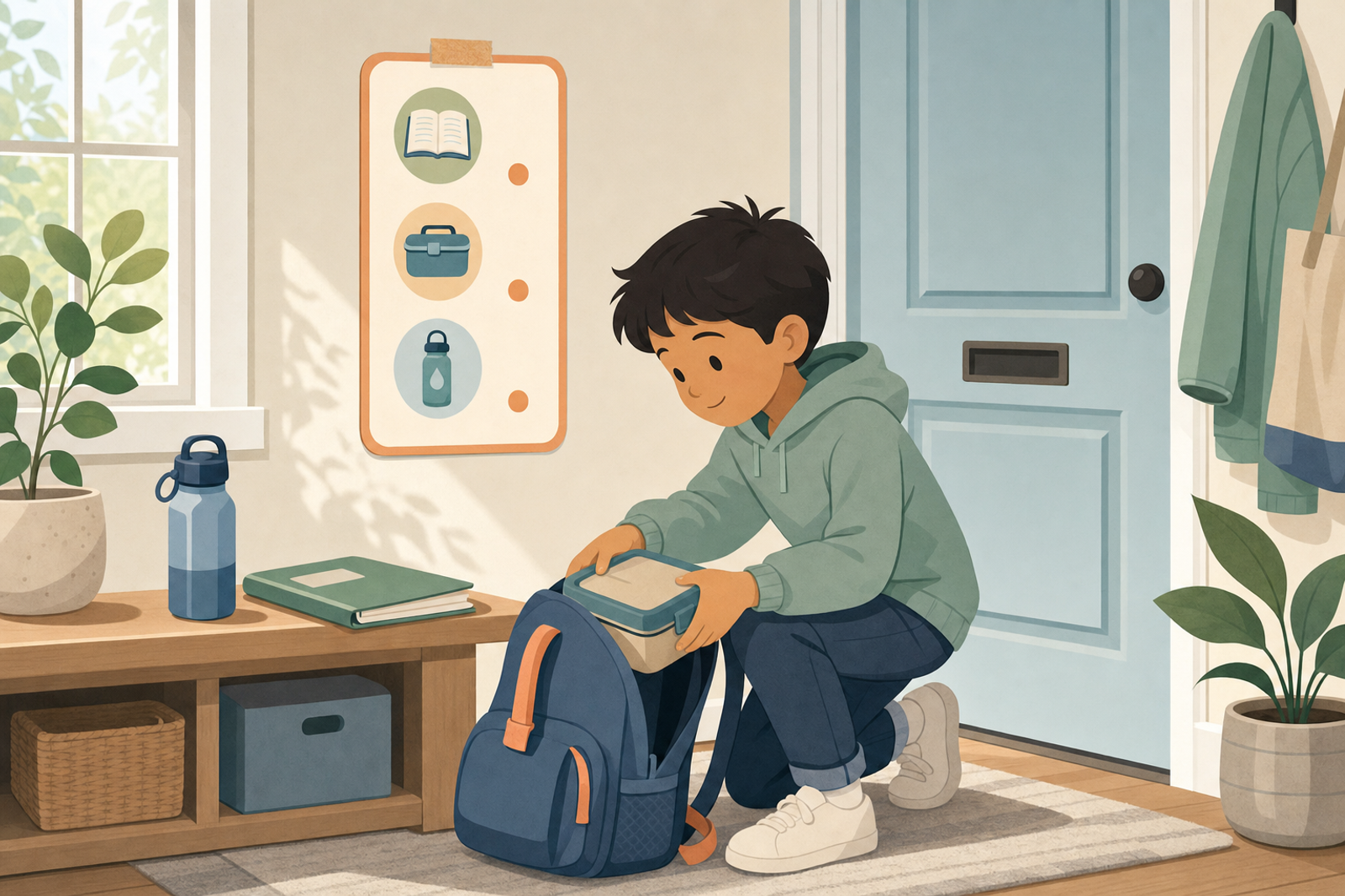 Flat illustration of a child packing a school backpack near a wall checklist with simple icons for homework, lunch, and water bottle, in a calm pastel palette with warm-orange accents.
