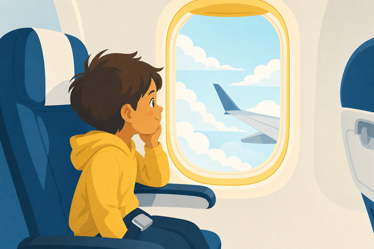 Illustration of a toddler looking peacefully out an airplane window during takeoff