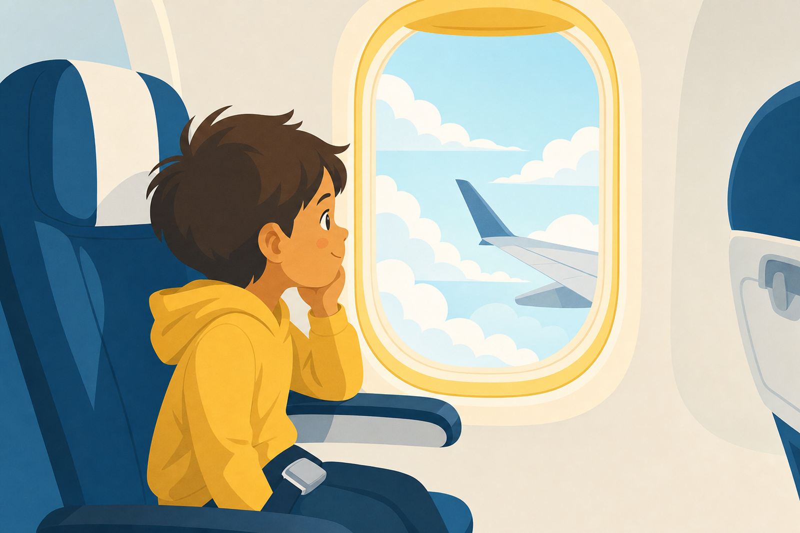 Illustration of a toddler looking peacefully out an airplane window during takeoff