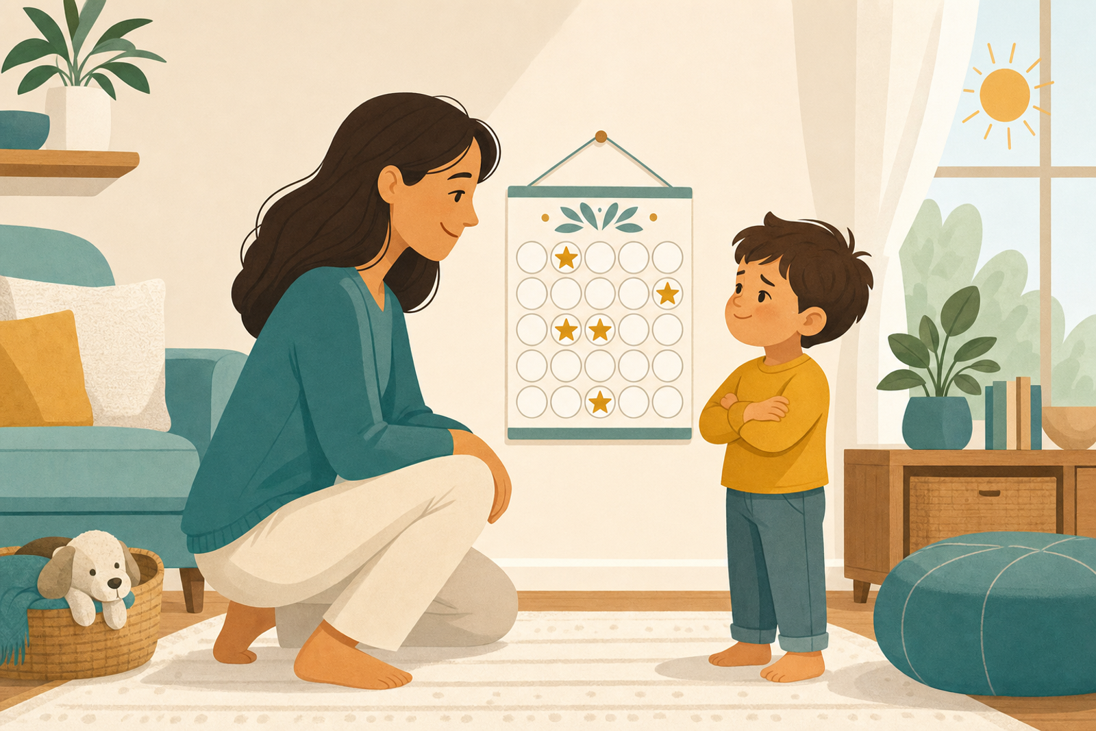 Flat illustration of a parent calmly connecting with a young child beside a wall-mounted sticker chart decorated with gold star stickers, symbolizing a peaceful approach to reducing whining and power struggles.