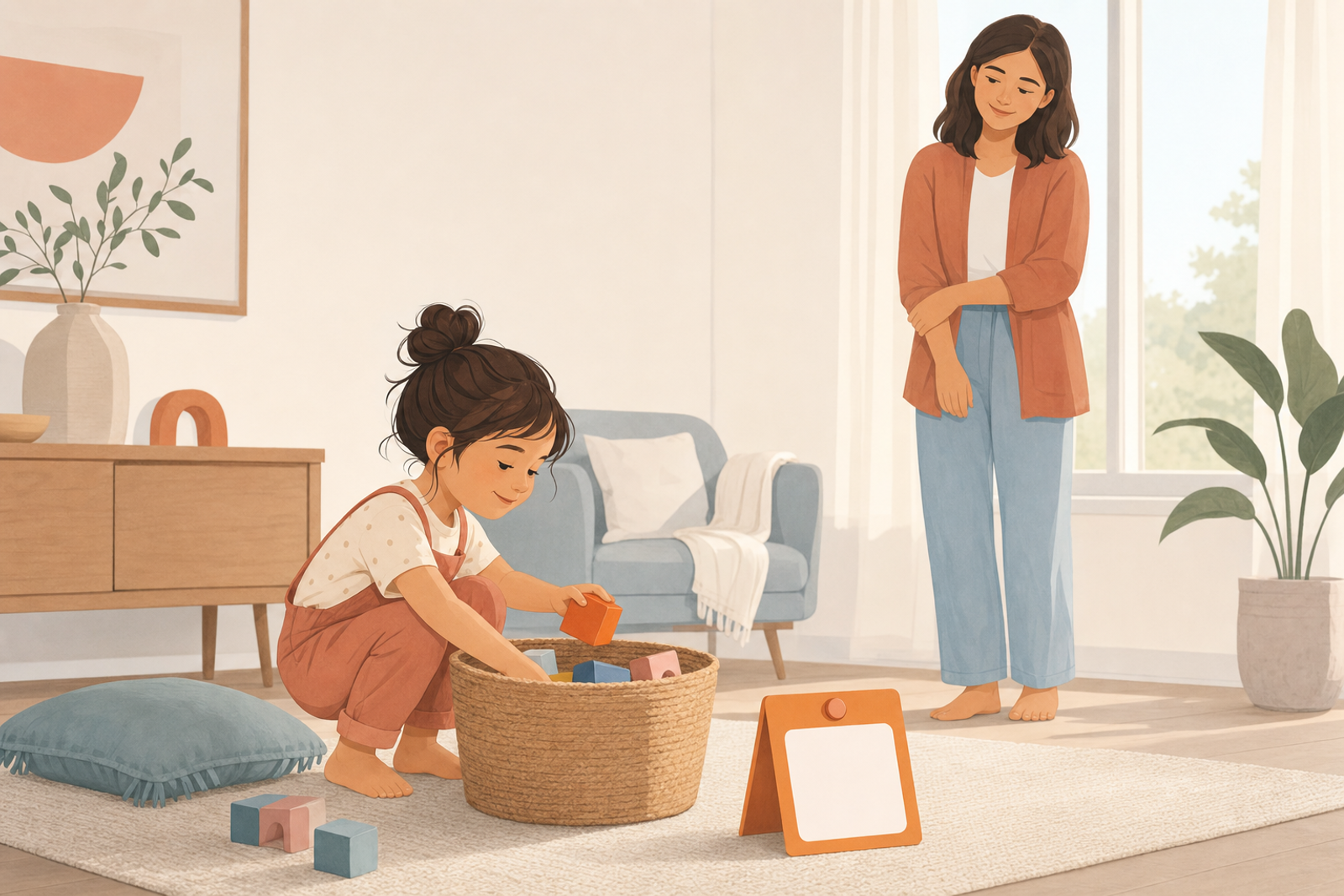 Flat illustration of a young child placing a toy into a basket beside a simple one-step chore chart, with a calm parent nearby, representing a peaceful chore routine without nagging.