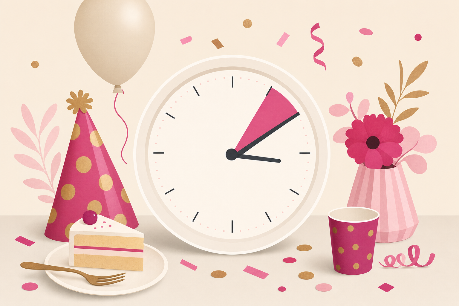 Flat illustration of a clock surrounded by party decorations representing how long a kids' birthday party should last.