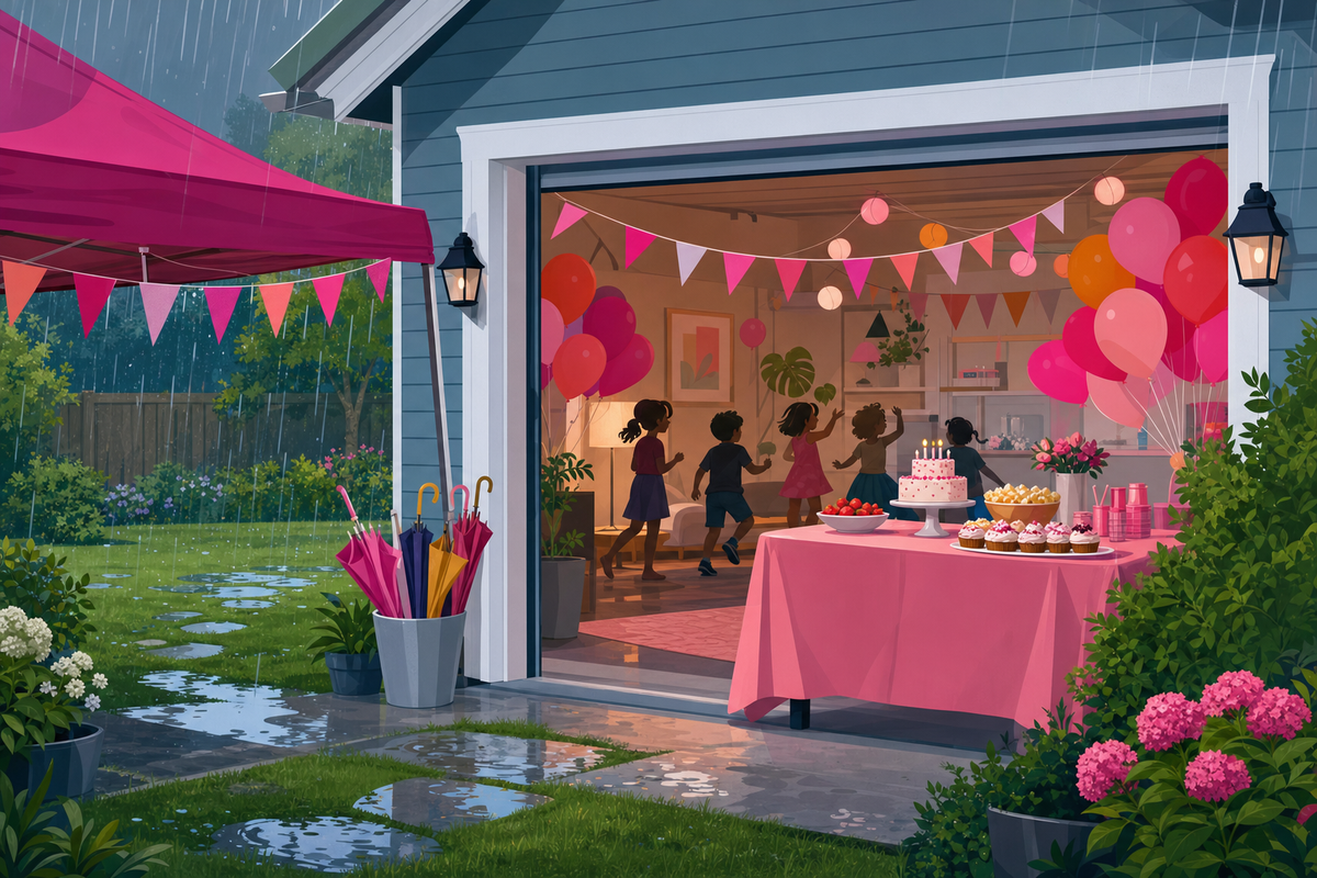 Flat illustration of a backyard birthday party moving under a tent and into a garage as rain falls, showing a simple backup plan for kids' parties.