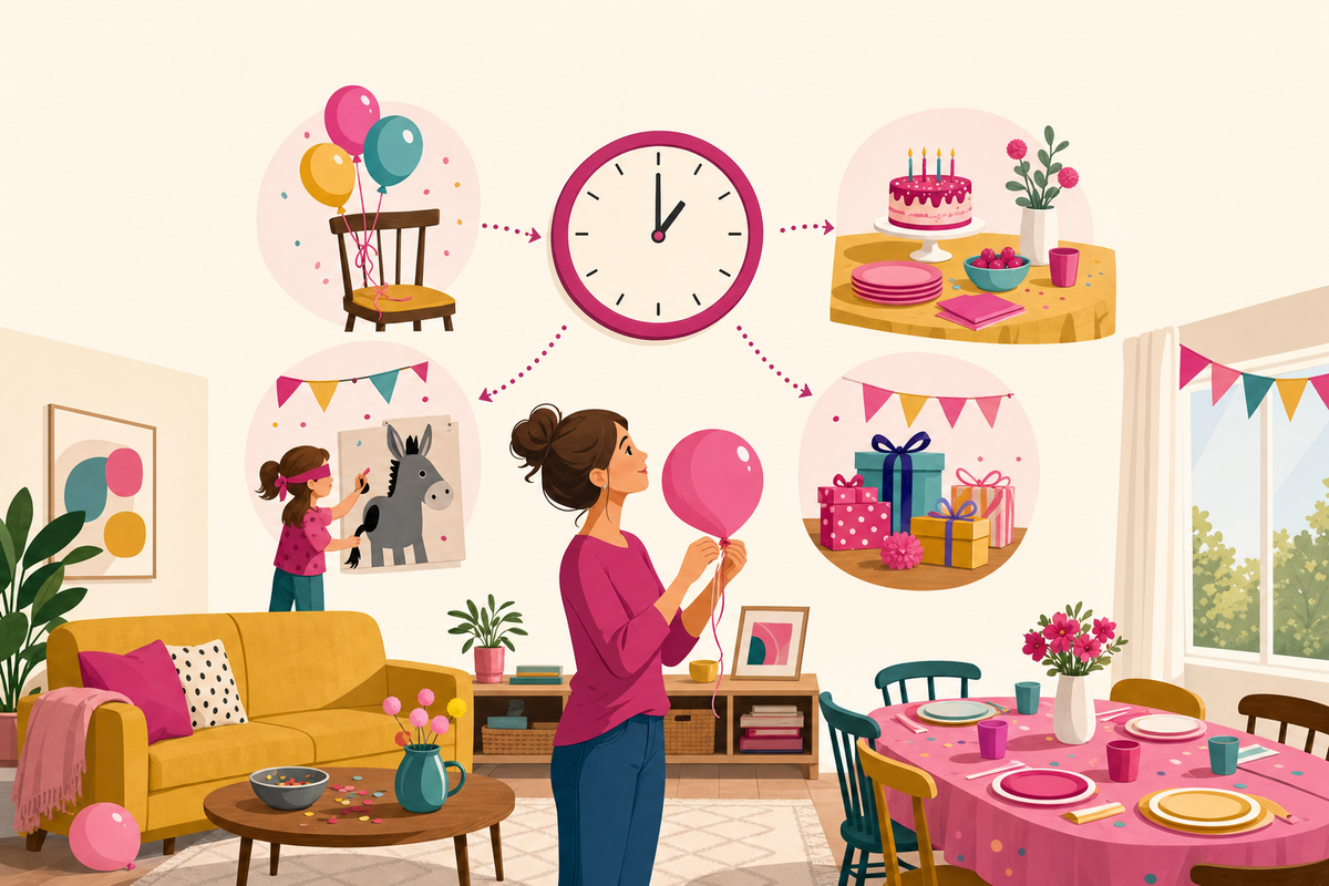 Flat illustration of a parent solo-hosting a 6-year-old's birthday party at home, with a clock and festive party setup scenes arranged around the room representing a party timeline.