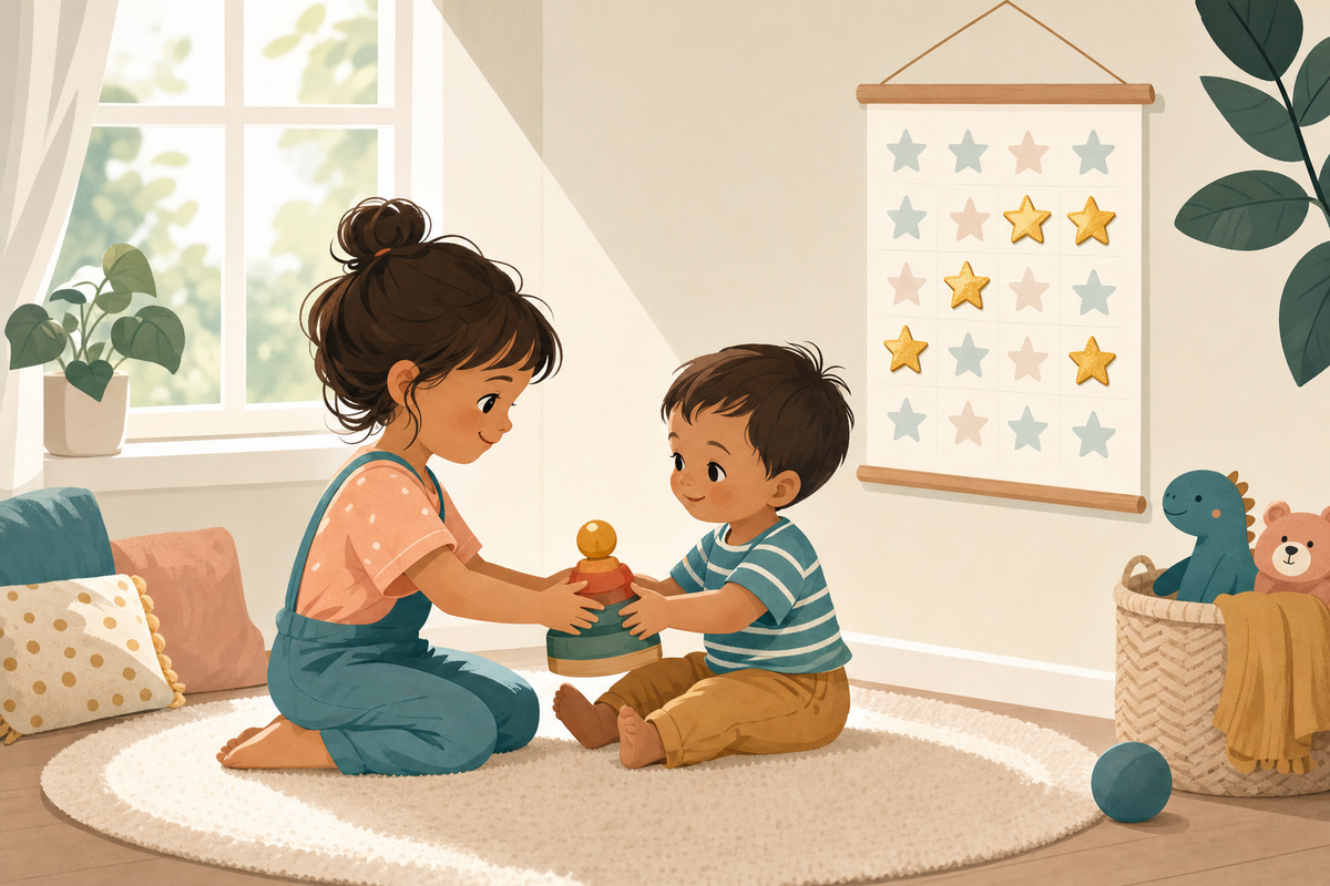 Flat illustration of two young children sharing a toy together on a rug, with a printable sticker chart featuring gold star stickers hanging on the wall behind them.
