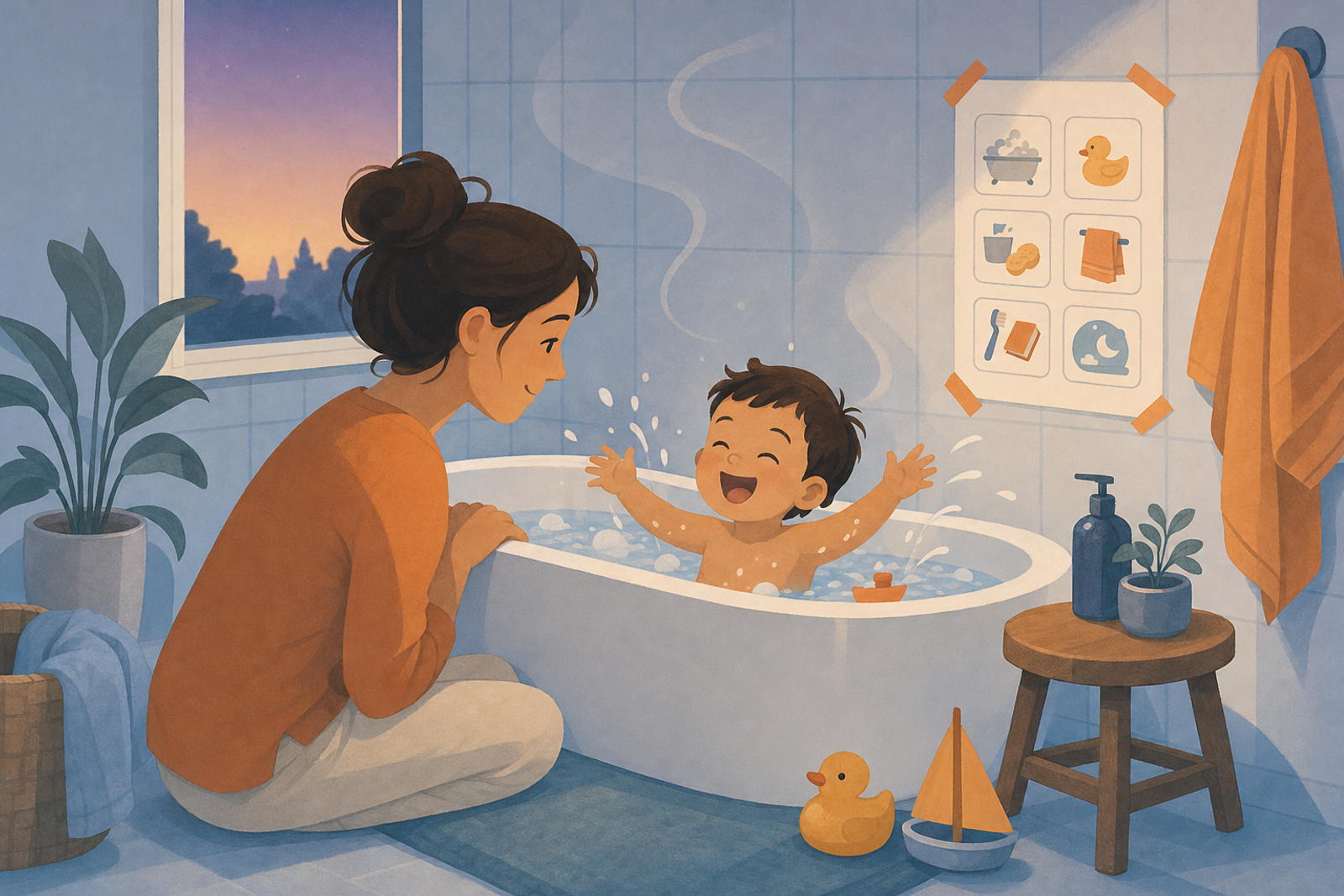 Flat illustration of a parent and toddler at bath time with a printable bath routine chart on the wall, representing a calm bedtime bath transition.