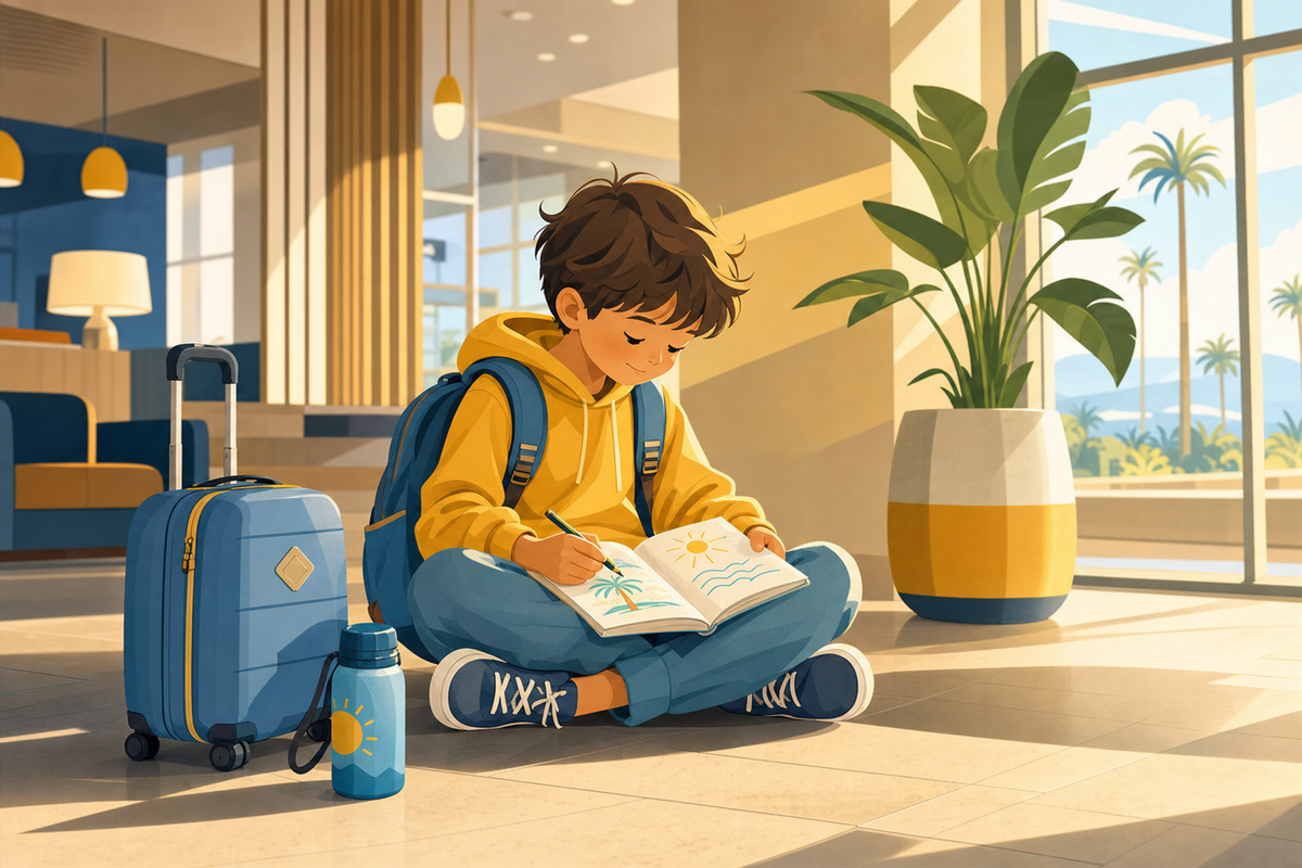 Child engaged in quiet activity while waiting in hotel lobby during check-an delay