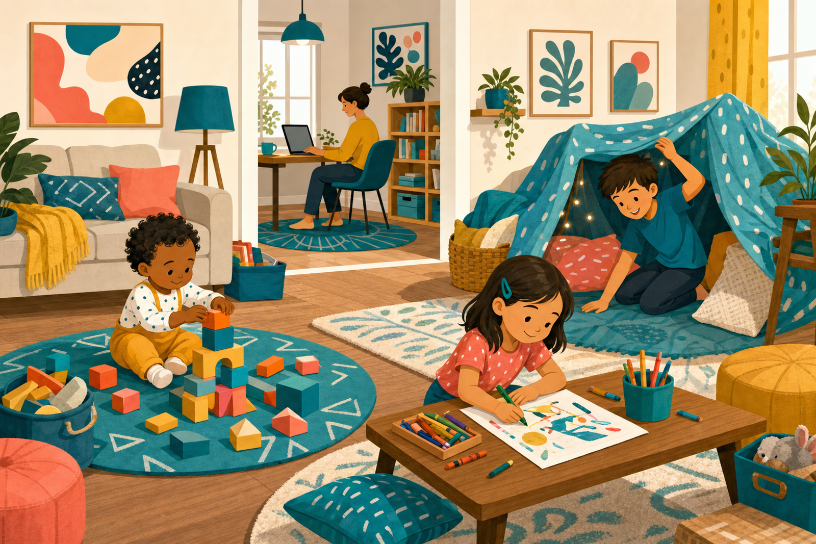 Flat illustration of three children doing different screen-free activities—blocks, art, and a blanket fort—in a bright living room while a parent works in the background.