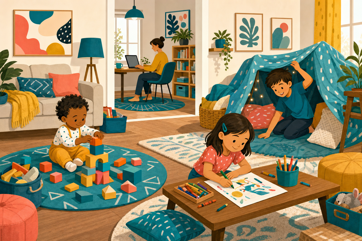 Flat illustration of three children doing different screen-free activities—blocks, art, and a blanket fort—in a bright living room while a parent works in the background.