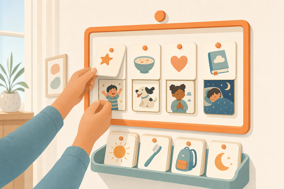 Illustration of a child's hands flipping an interchangeable icon card into a colorful routine chart with a tray of swappable cards below.
