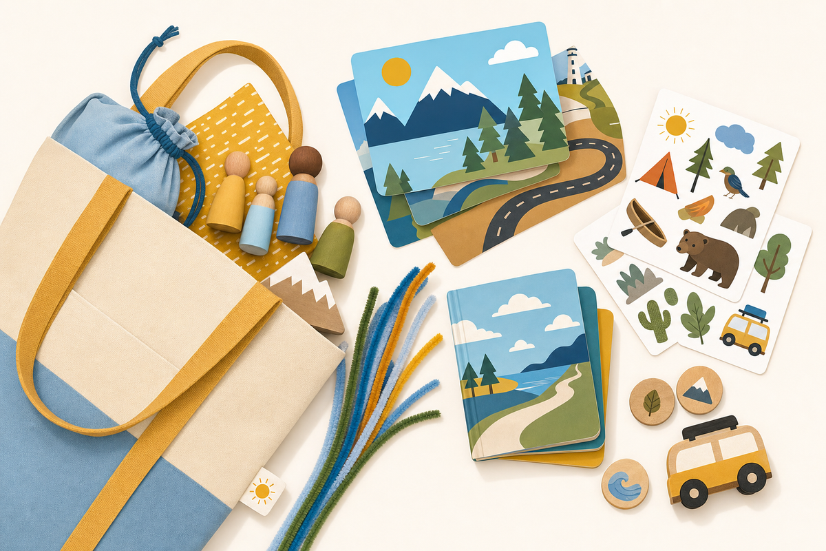 Flat lay illustration of a travel activity bag with screen-free toys and activities for toddlers including wooden toys, stickers, and tactile items