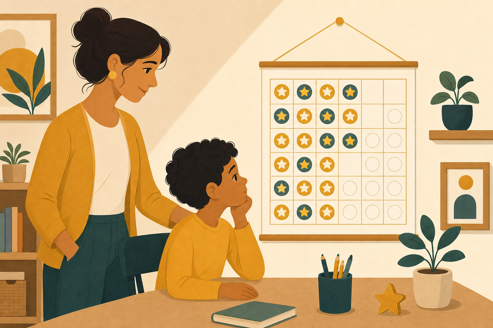 Parent and child having a thoughtful moment together while looking at a partially completed sticker chart on the wall