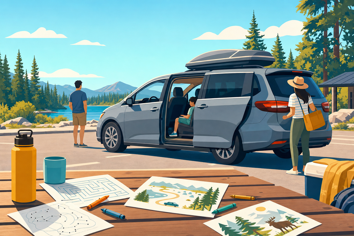 Illustration of a family rest stop with printable games and activities laid out on a picnic table