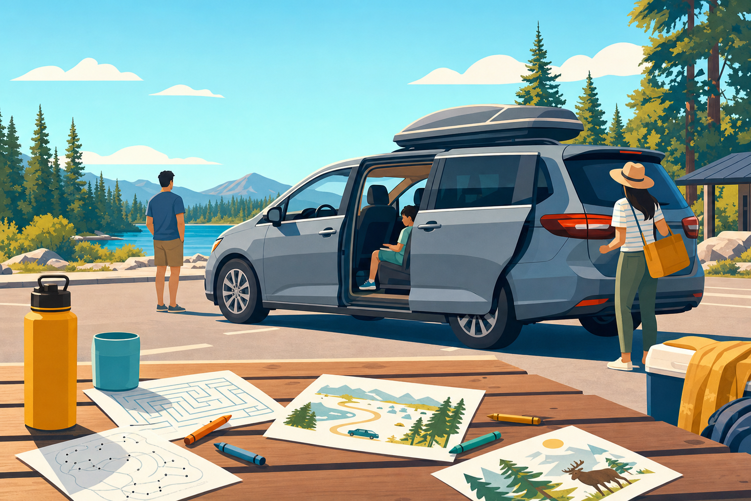 Illustration of a family rest stop with printable games and activities laid out on a picnic table