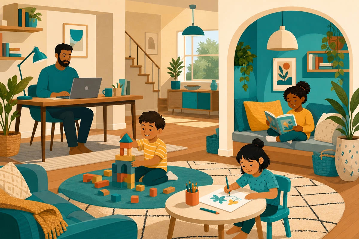 Flat illustration of a parent working at a desk while children quietly play independently nearby with blocks, drawing, and books.