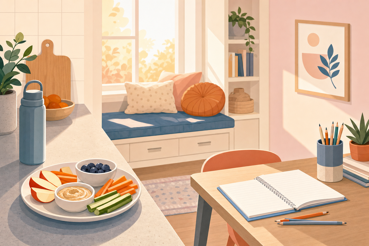 Peaceful after-school scene with snack station and organized homework area in calm pastel colors