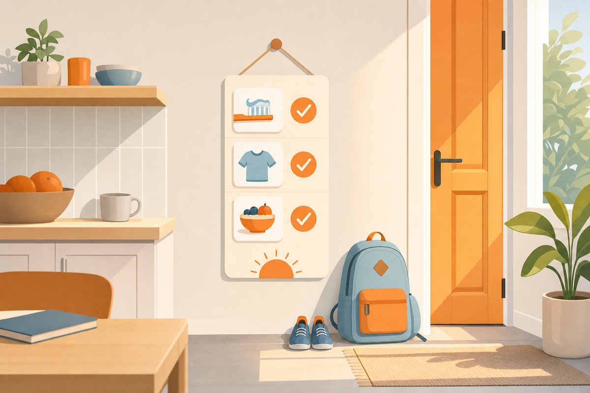 Minimalist illustration of a morning kitchen with a visual routine chart on the wall and organized items, representing an independent morning routine for young children