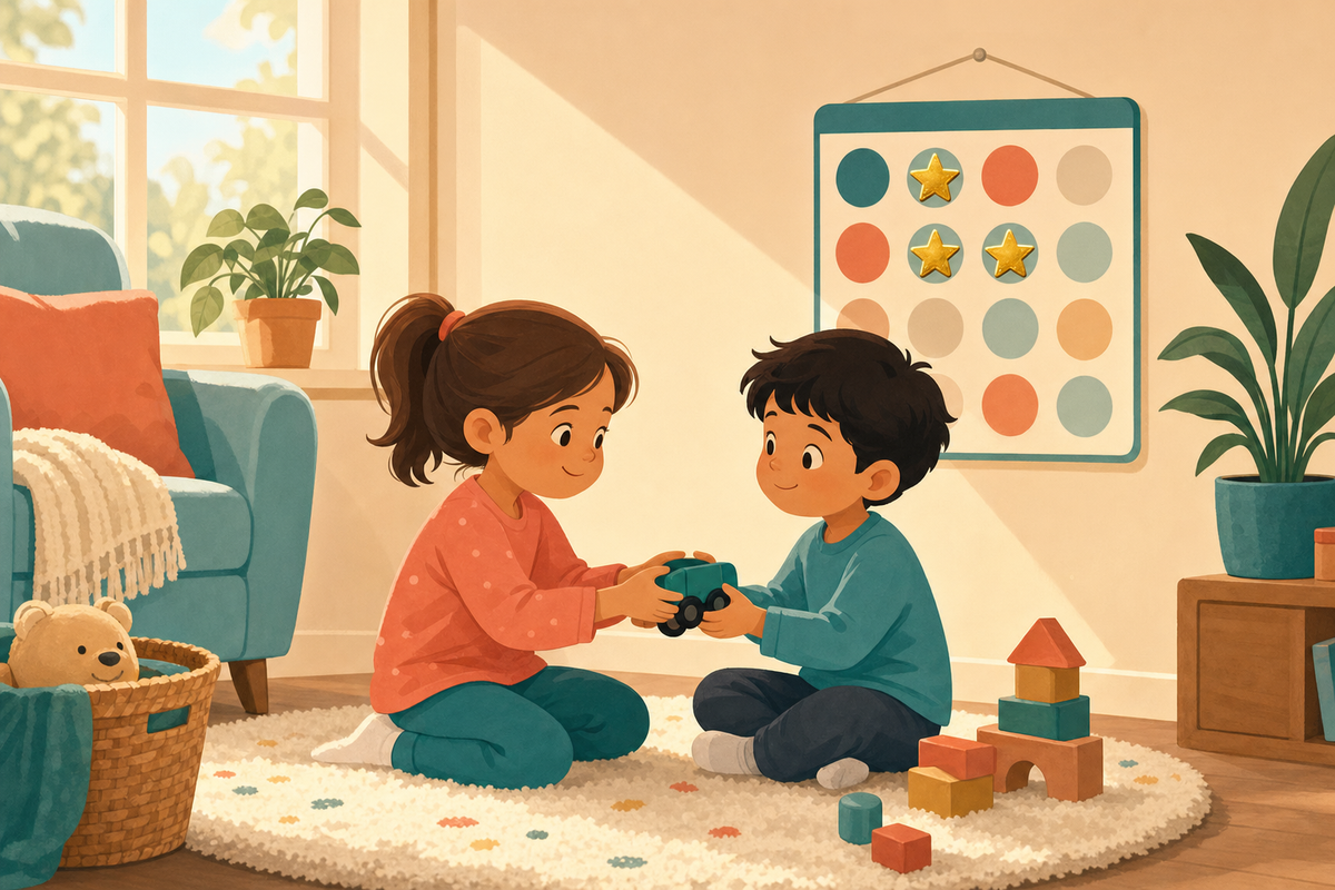 Two siblings calmly sharing a toy in front of a colorful sticker chart with gold stars, symbolizing peaceful turn-taking and cooperation.
